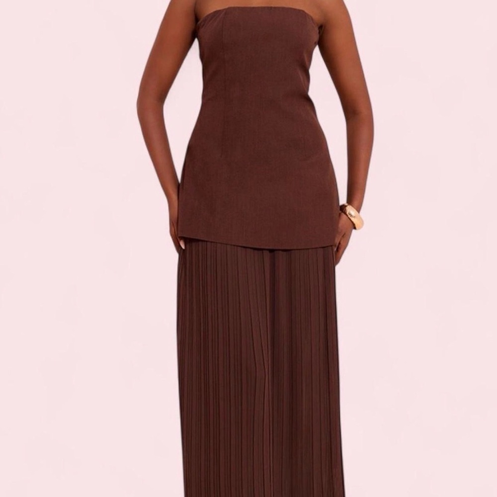 Pretty Little Thing CHOCOLATE BANDEAU PLEATED CHIFFON SKIRT PANEL MAXI DRESS